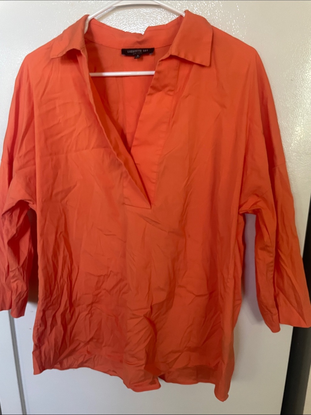 Lafayette 148 New York Small Cotton Blend Bright Orange V-Neck Collared Tunic